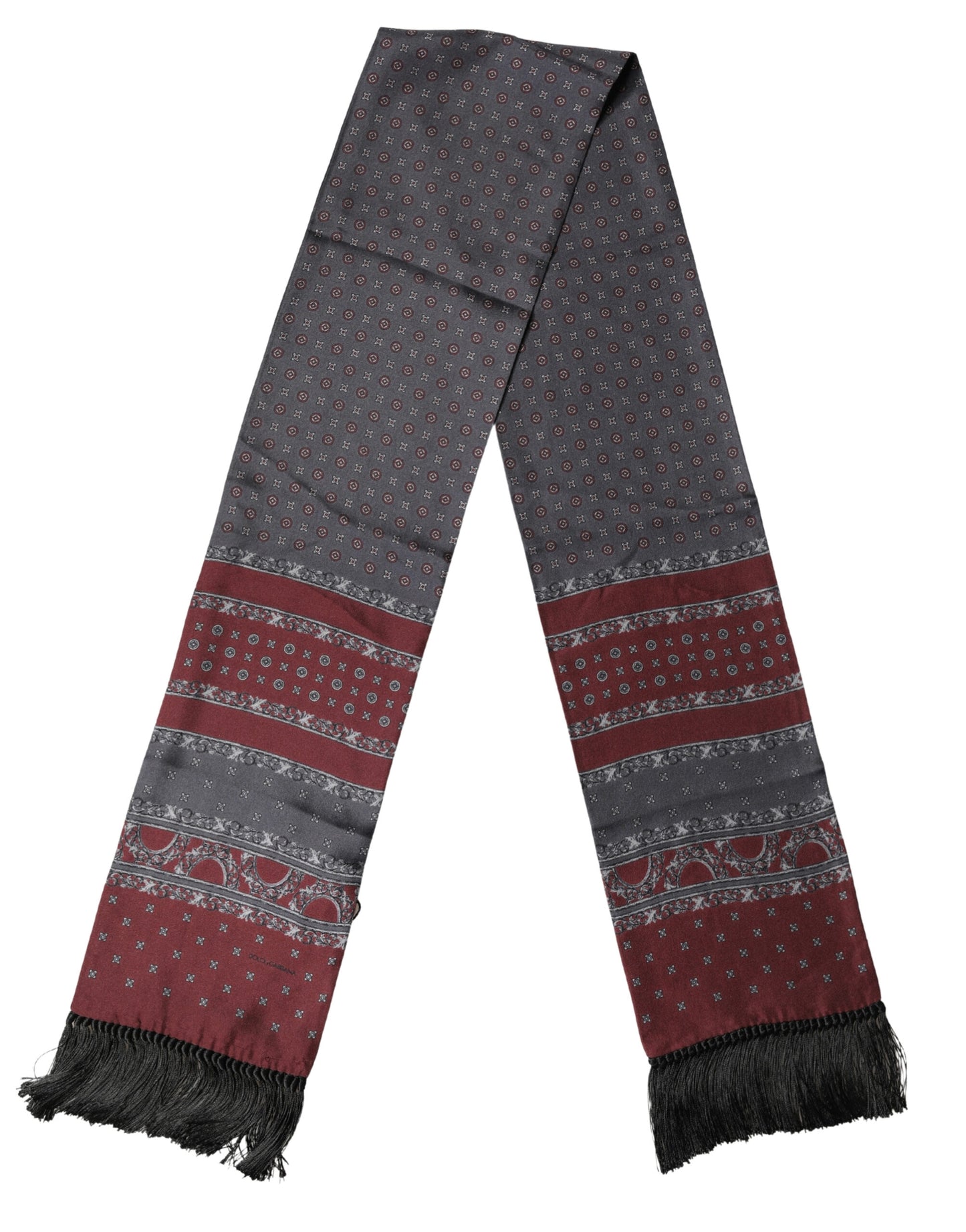 Dolce & Gabbana Burgundy Gray Patterned Fringe Foulard