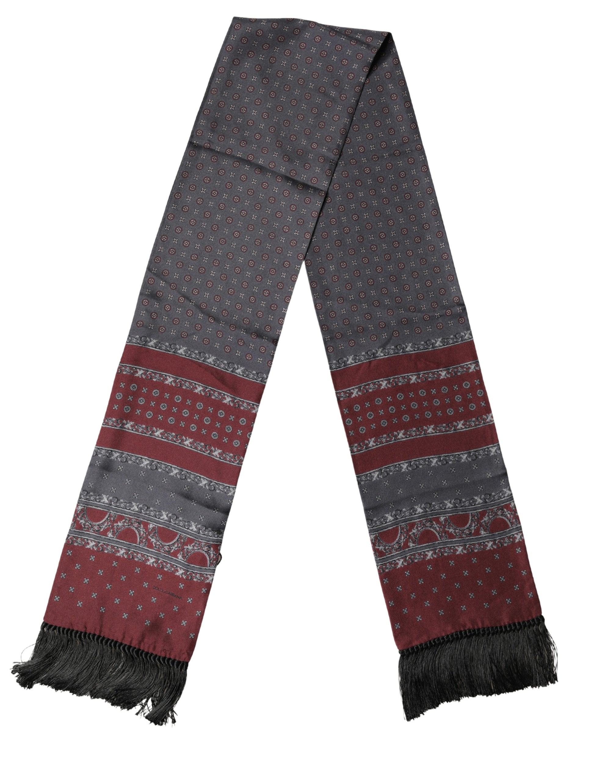 Dolce & Gabbana Burgundy Gray Patterned Fringe Foulard