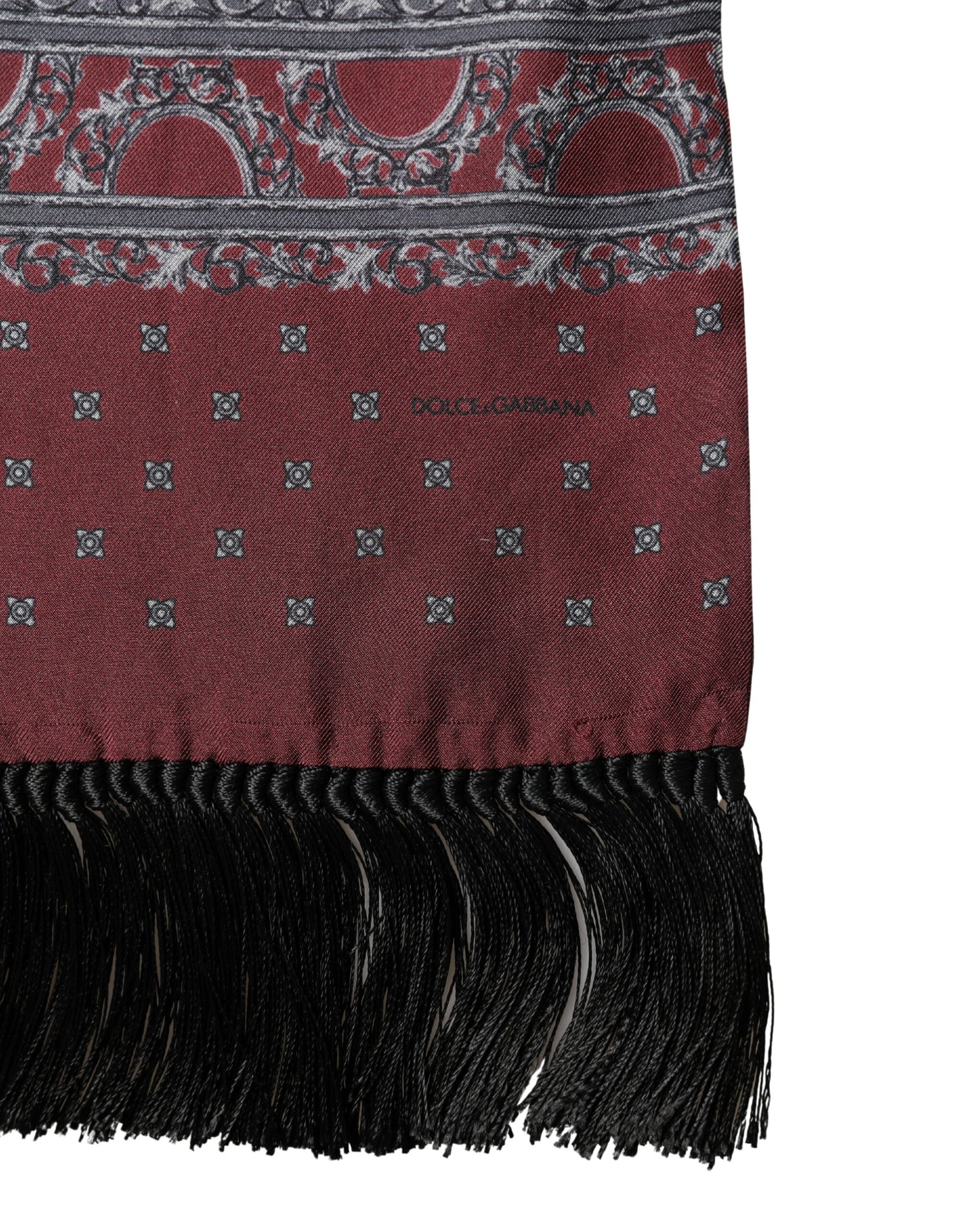 Dolce & Gabbana Burgundy Gray Patterned Fringe Foulard
