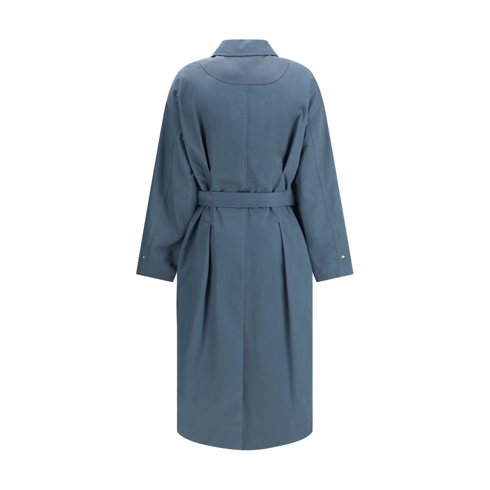 Fendi Blue Cotton Gabardine Midi Trench Coat