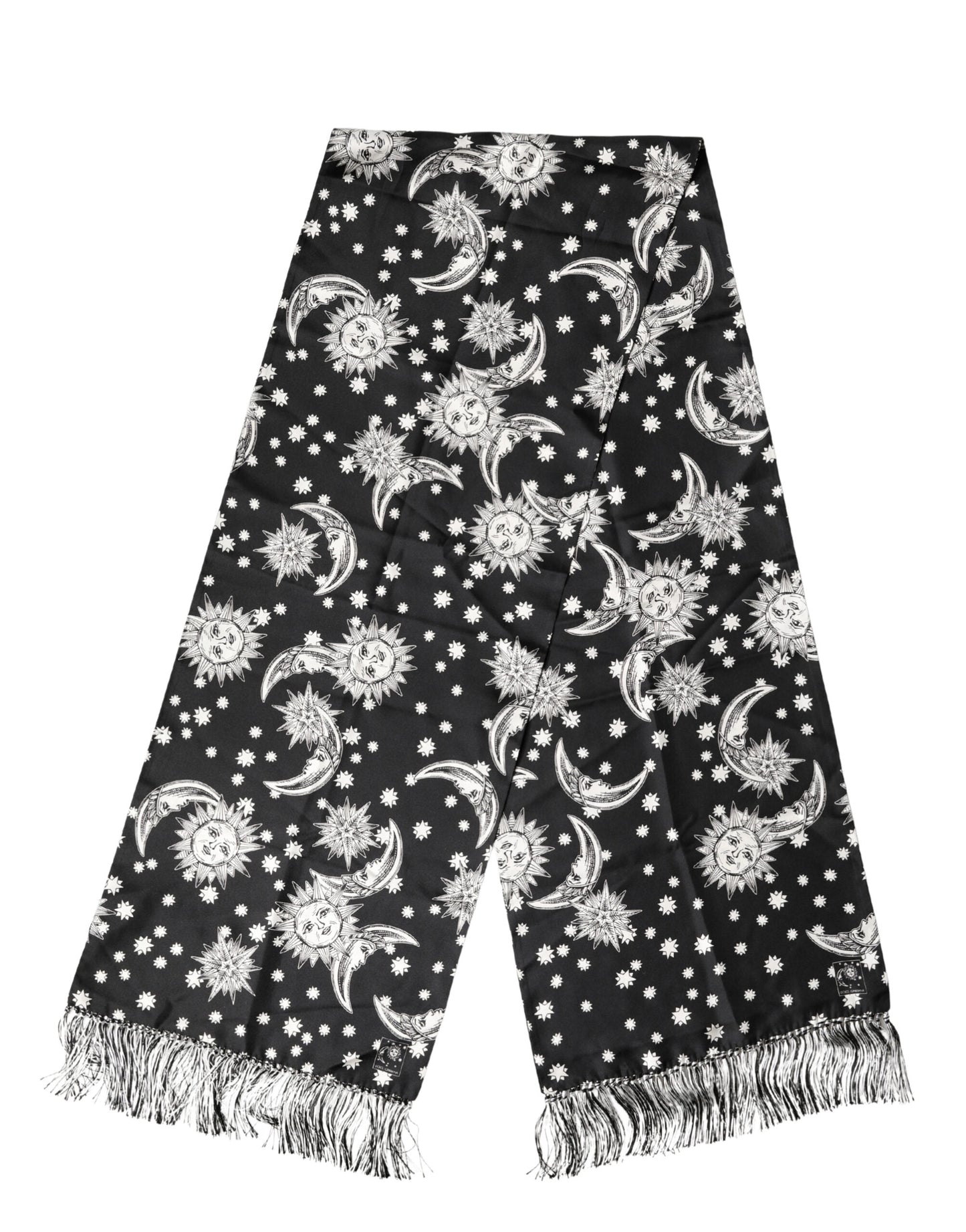 Dolce & Gabbana Black Silk Sun Moon Star Fringe Foulard