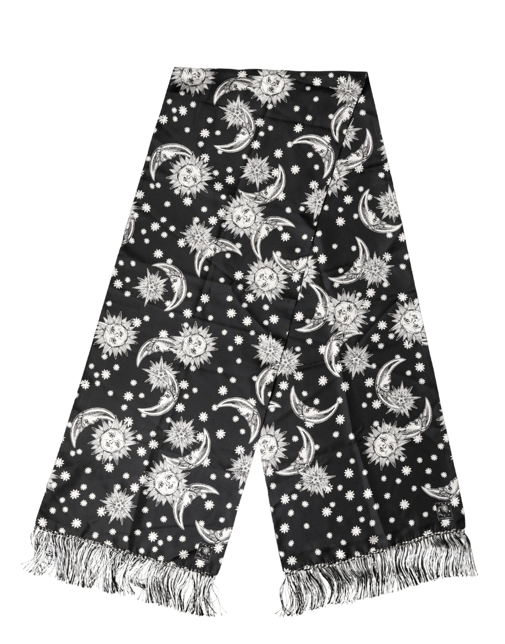 Dolce & Gabbana Black Silk Sun Moon Star Fringe Foulard