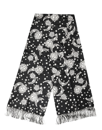 Dolce & Gabbana Black Silk Sun Moon Star Fringe Foulard