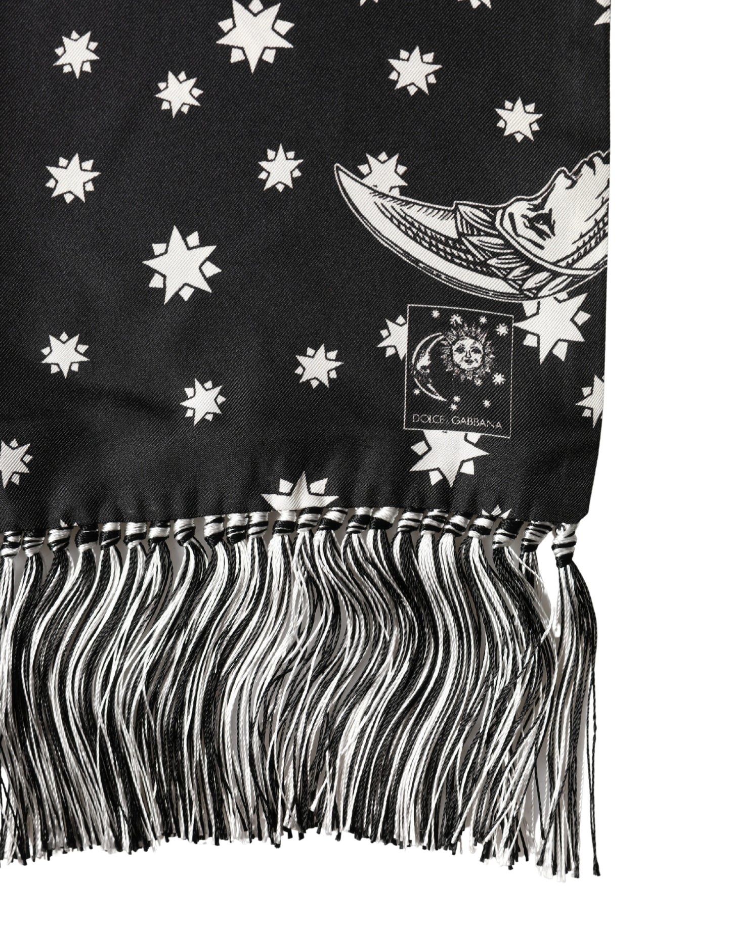 Dolce & Gabbana Black Silk Sun Moon Star Fringe Foulard