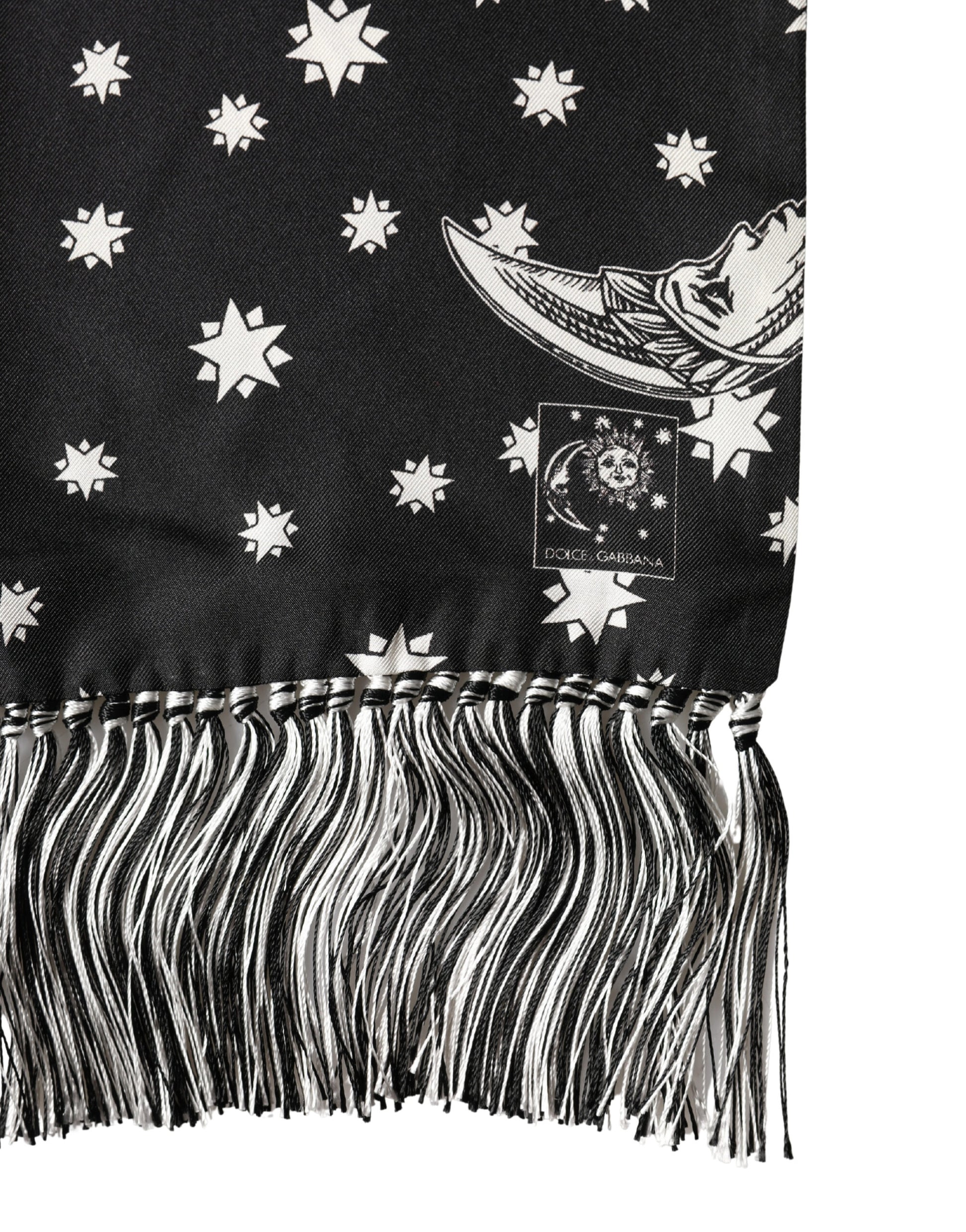 Dolce & Gabbana Black Silk Sun Moon Star Fringe Foulard