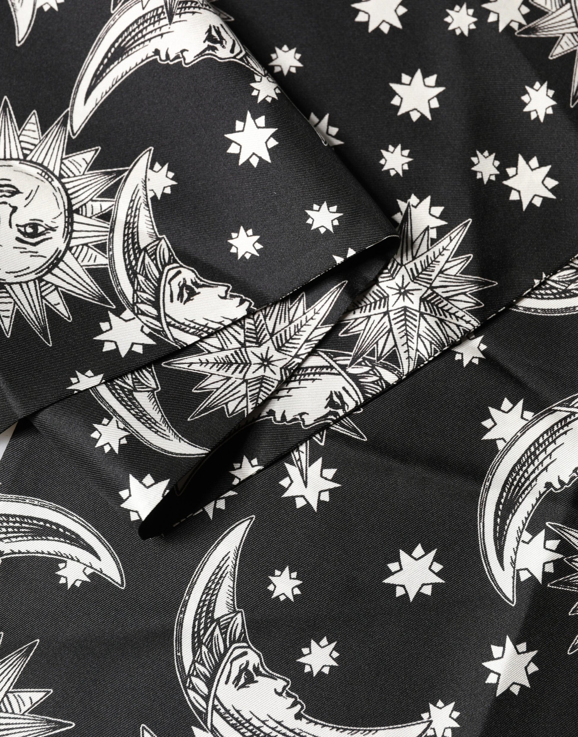 Dolce & Gabbana Black Silk Sun Moon Star Fringe Foulard