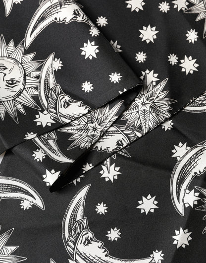 Dolce & Gabbana Black Silk Sun Moon Star Fringe Foulard
