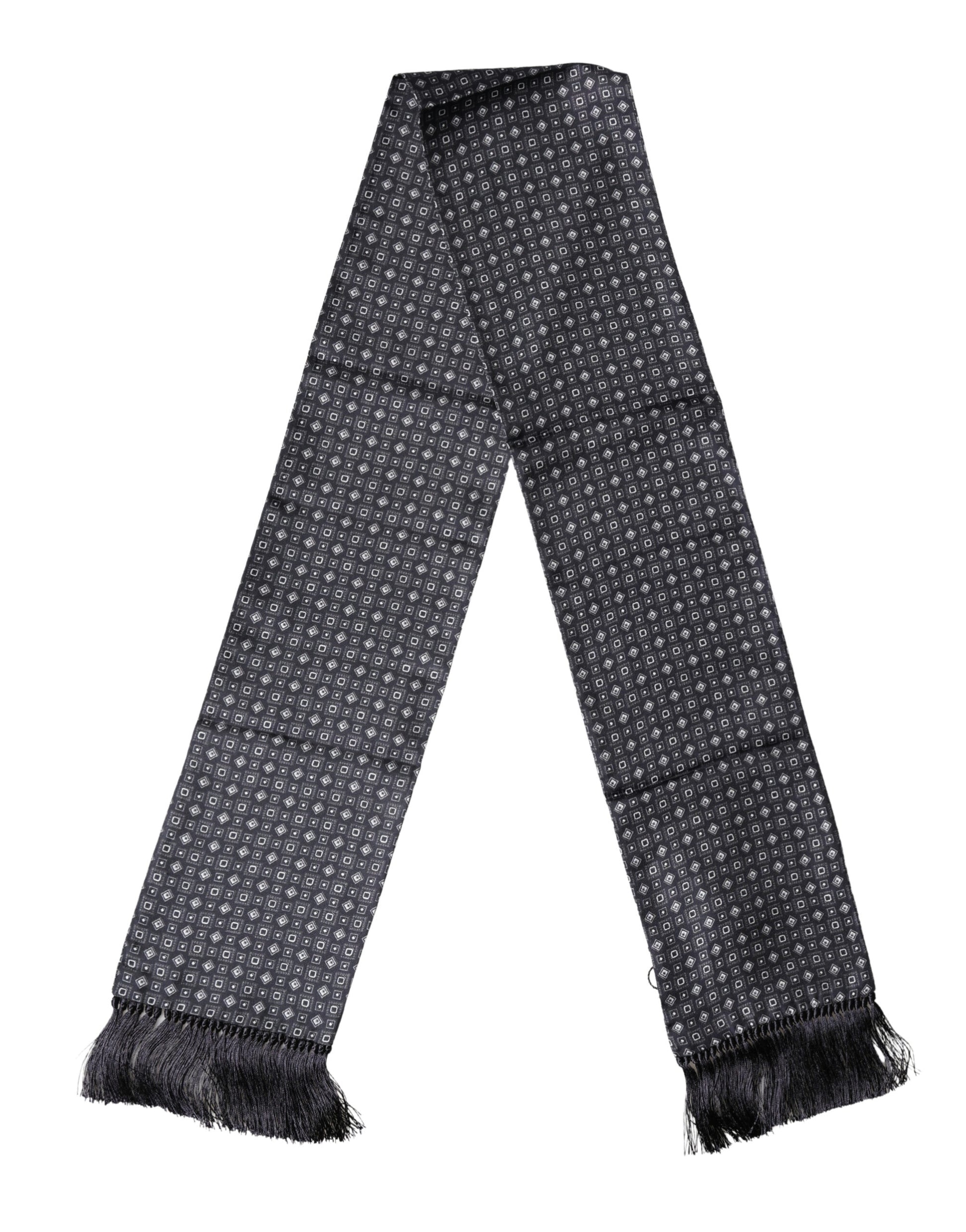 Dolce & Gabbana Black Silk Geometric Fringe Wrap Foulard
