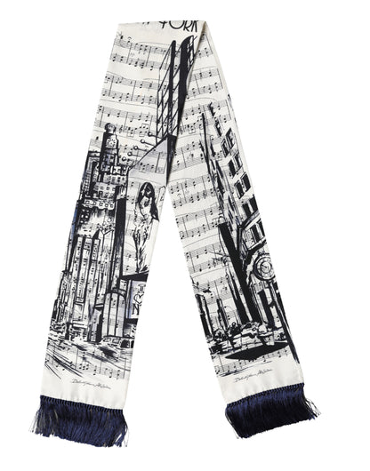 Dolce & Gabbana White Black Music City Print Silk Fringe Scarf