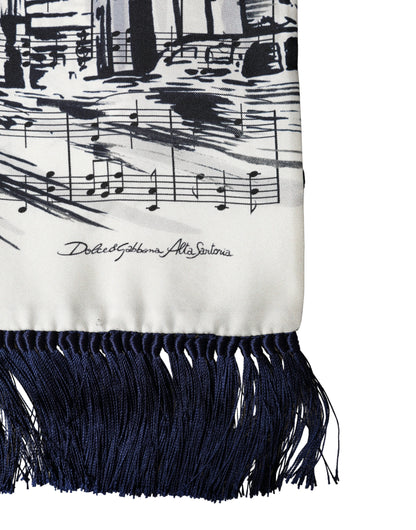 Dolce & Gabbana White Black Music City Print Silk Fringe Scarf