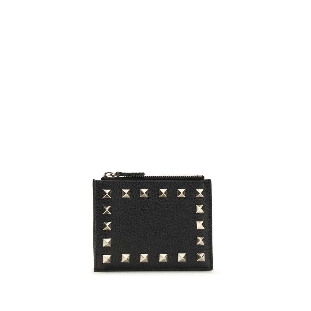 Valentino Garavani Black Calf Leather Rockstud Zip Cardholder Wallet