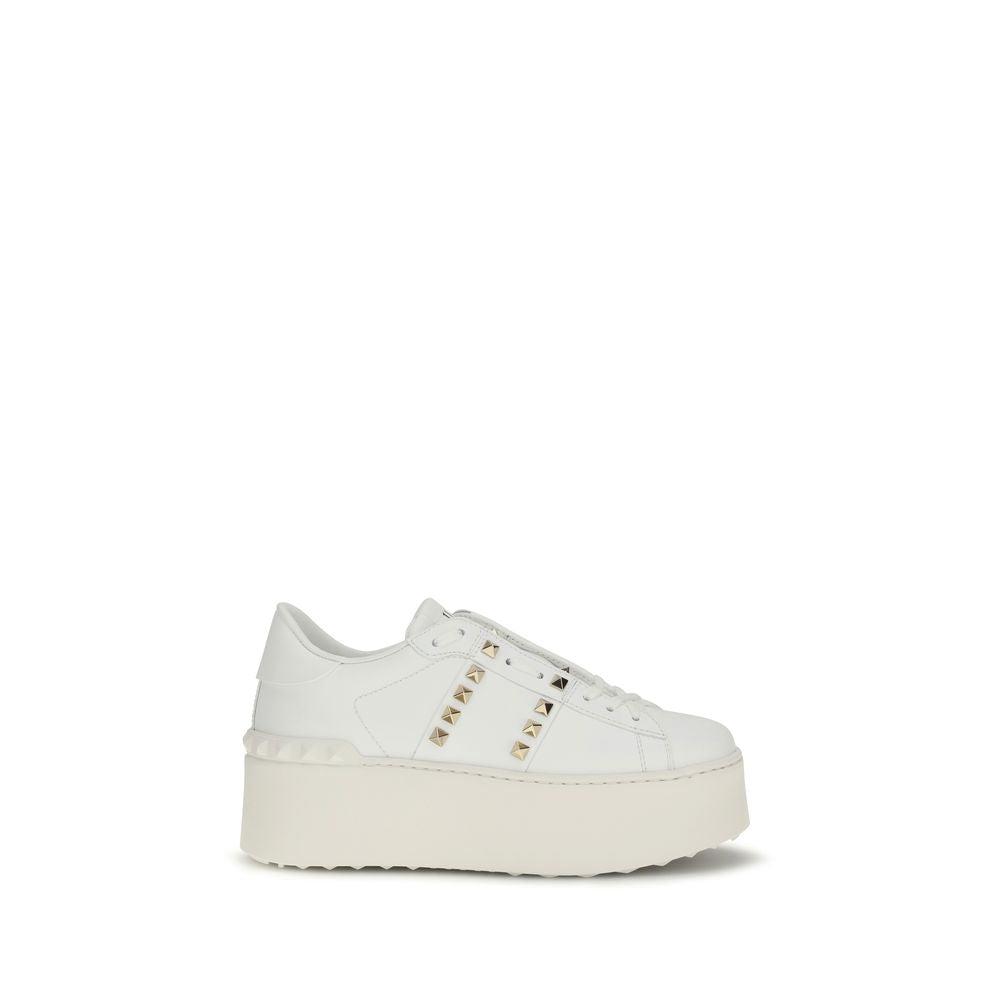 Valentino Garavani White Calf Leather Rockstud Flatform Sneakers