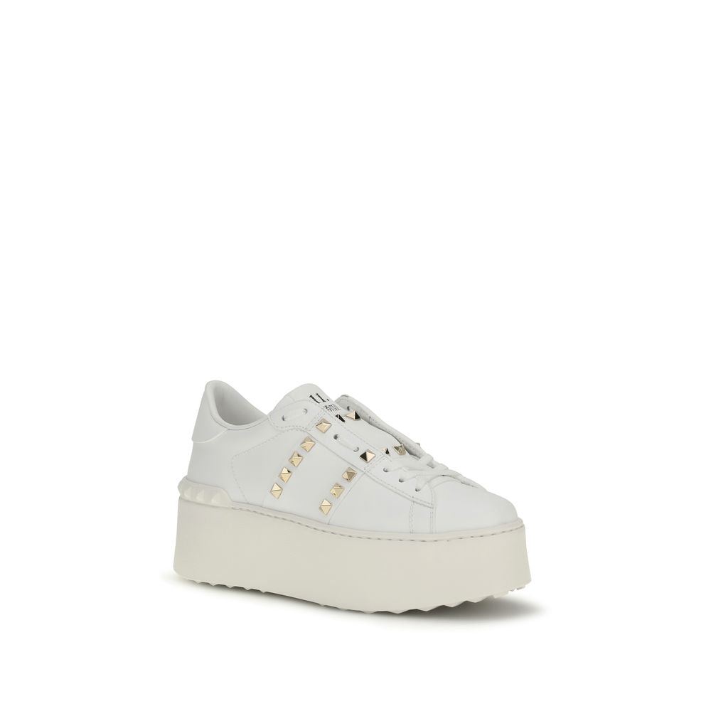 Valentino Garavani White Calf Leather Rockstud Flatform Sneakers