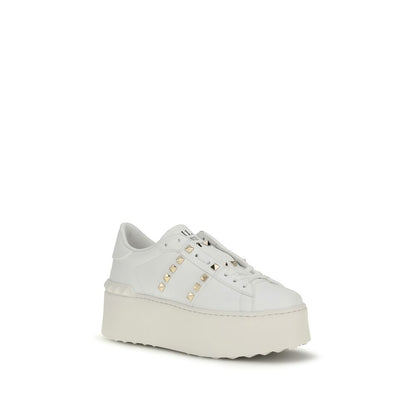Valentino Garavani White Calf Leather Rockstud Flatform Sneakers