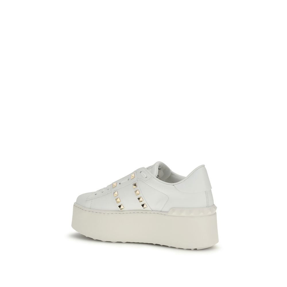 Valentino Garavani White Calf Leather Rockstud Flatform Sneakers