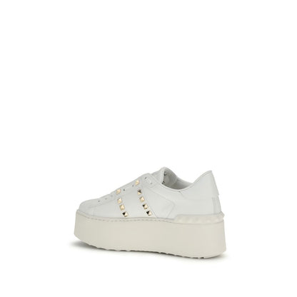 Valentino Garavani White Calf Leather Rockstud Flatform Sneakers