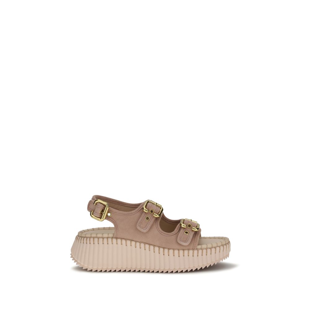 Chloé Beige Pink Nama Wedge Leather Platform Sandals