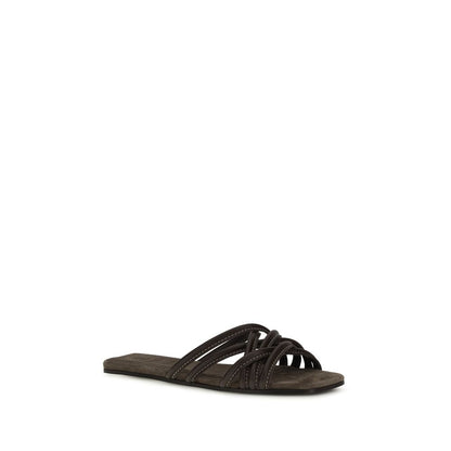 Brunello Cucinelli Brown Calf Leather Bos Taurus Flat Sandals