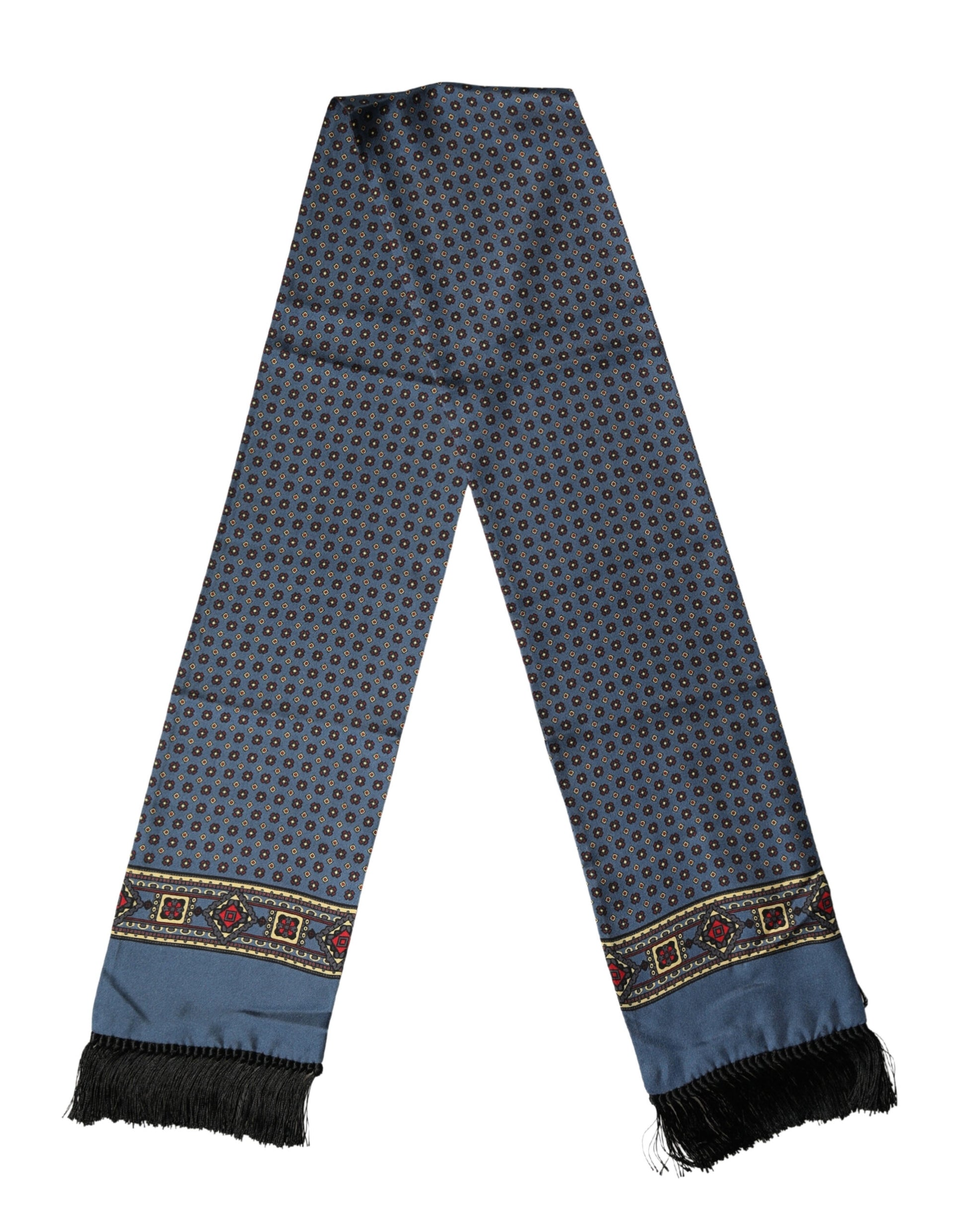 Dolce & Gabbana Blue Silk Geometric Fringe Foulard