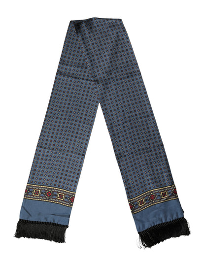 Dolce & Gabbana Blue Silk Geometric Fringe Foulard