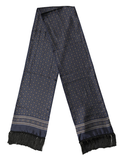 Dolce & Gabbana Navy Silk Geometric Fringe Foulard