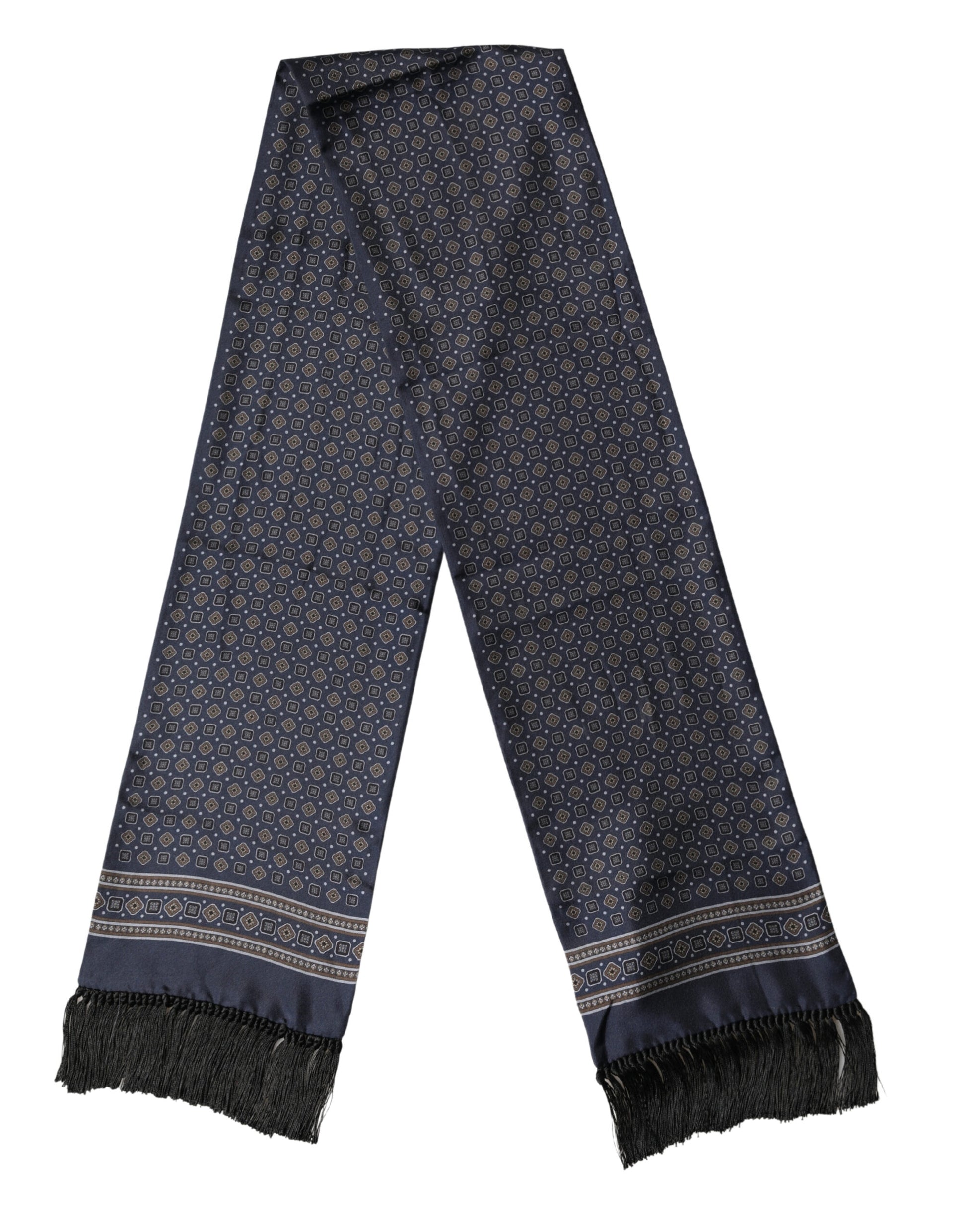 Dolce & Gabbana Navy Silk Geometric Fringe Foulard