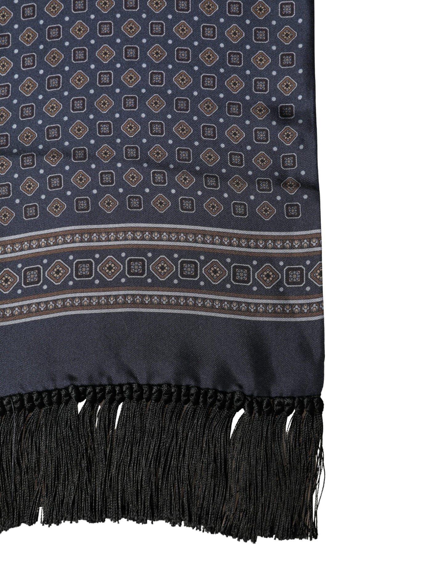 Dolce & Gabbana Navy Silk Geometric Fringe Foulard