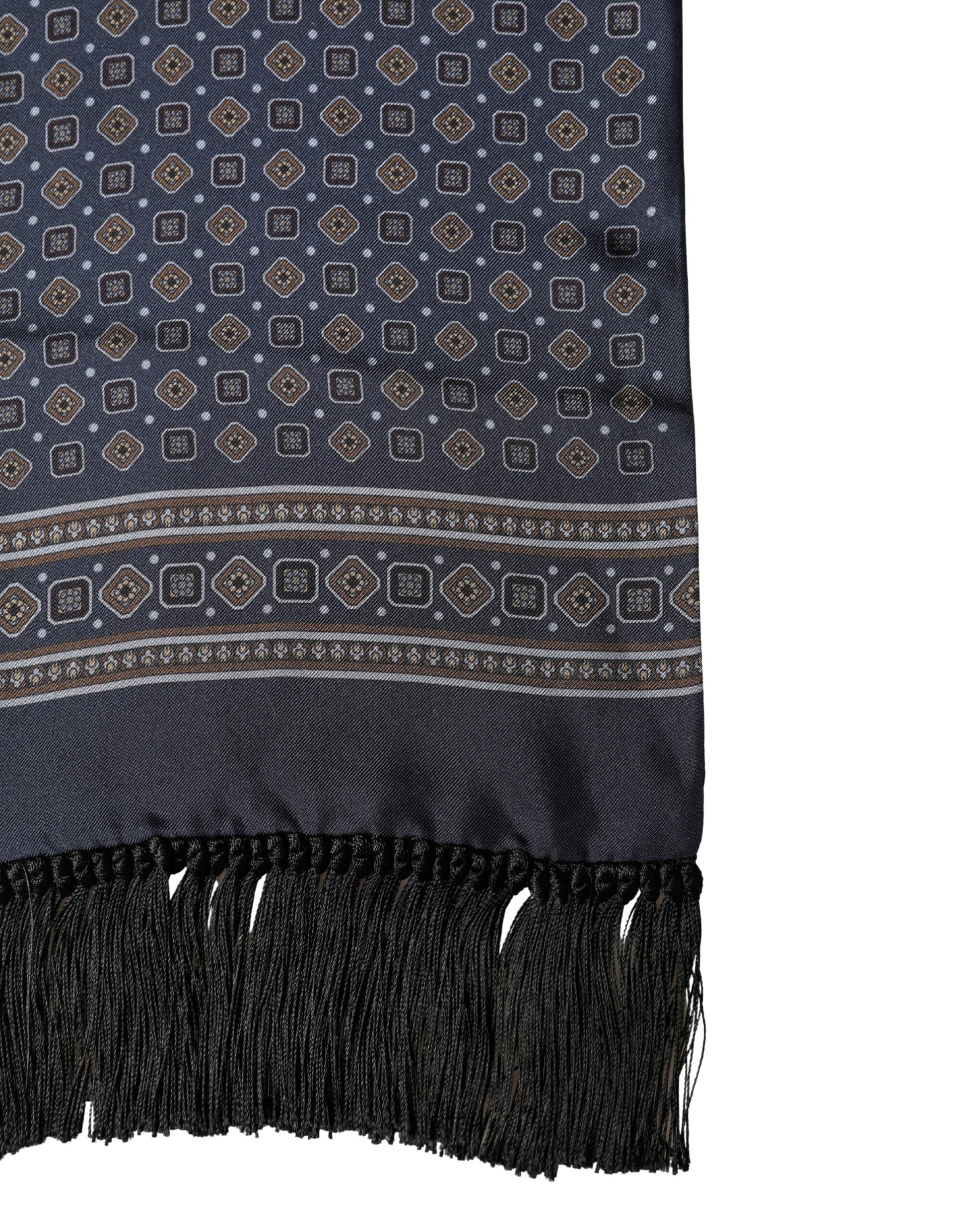 Dolce & Gabbana Navy Silk Geometric Fringe Foulard