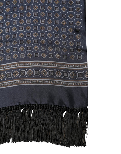 Dolce & Gabbana Navy Silk Geometric Fringe Foulard
