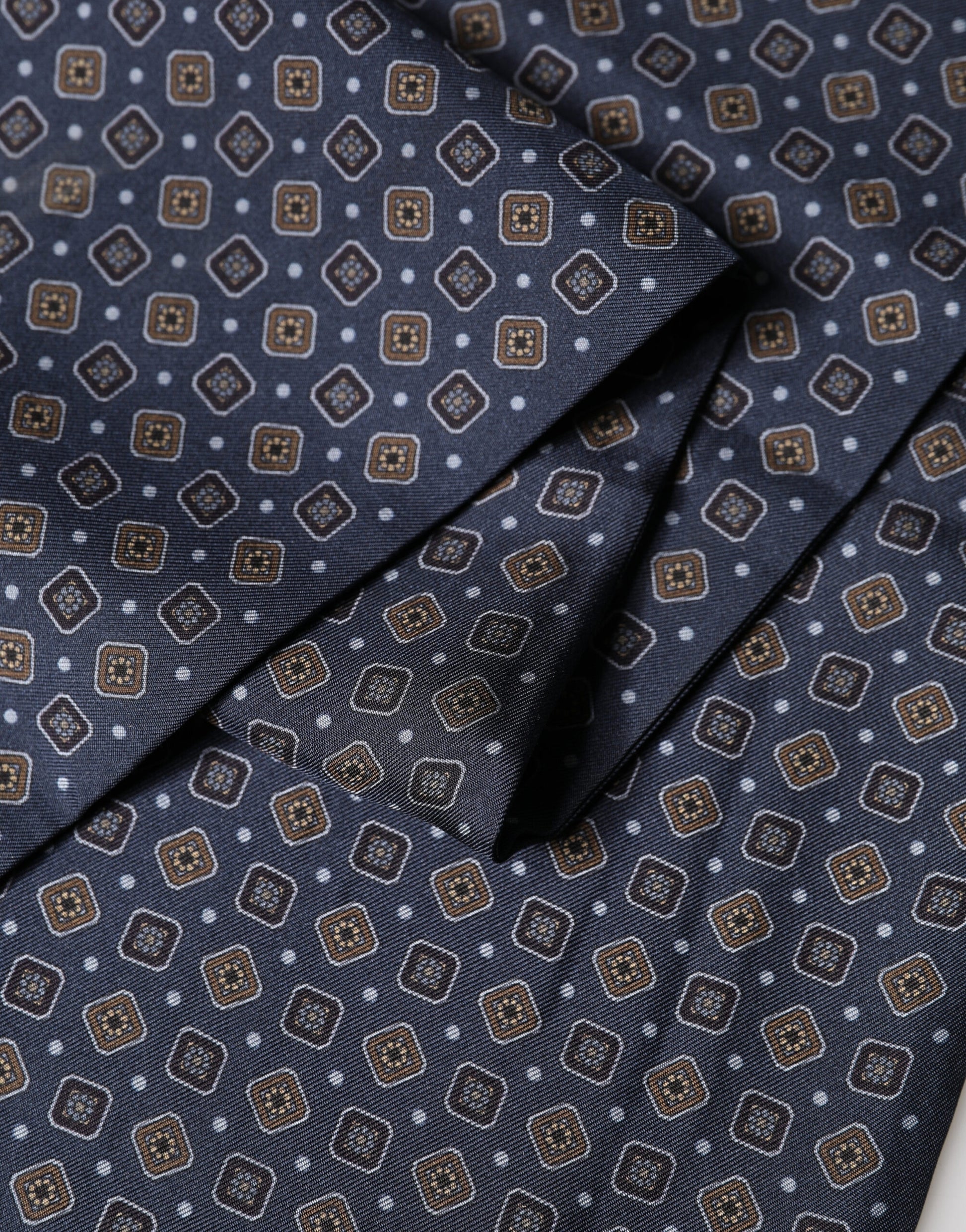 Dolce & Gabbana Navy Silk Geometric Fringe Foulard