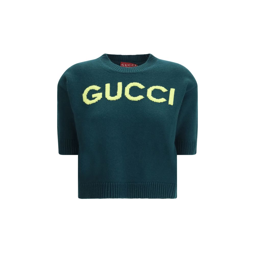 Gucci Green & Yellow 3/4 Sleeve Wool Logo Jumper