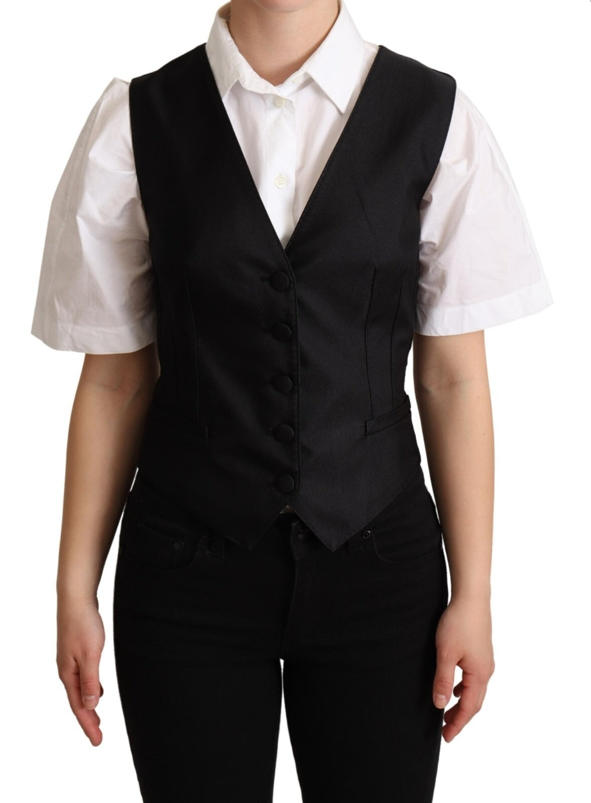 Dolce & Gabbana Solid Black Silk Sleeveless Waistcoat Vest Top