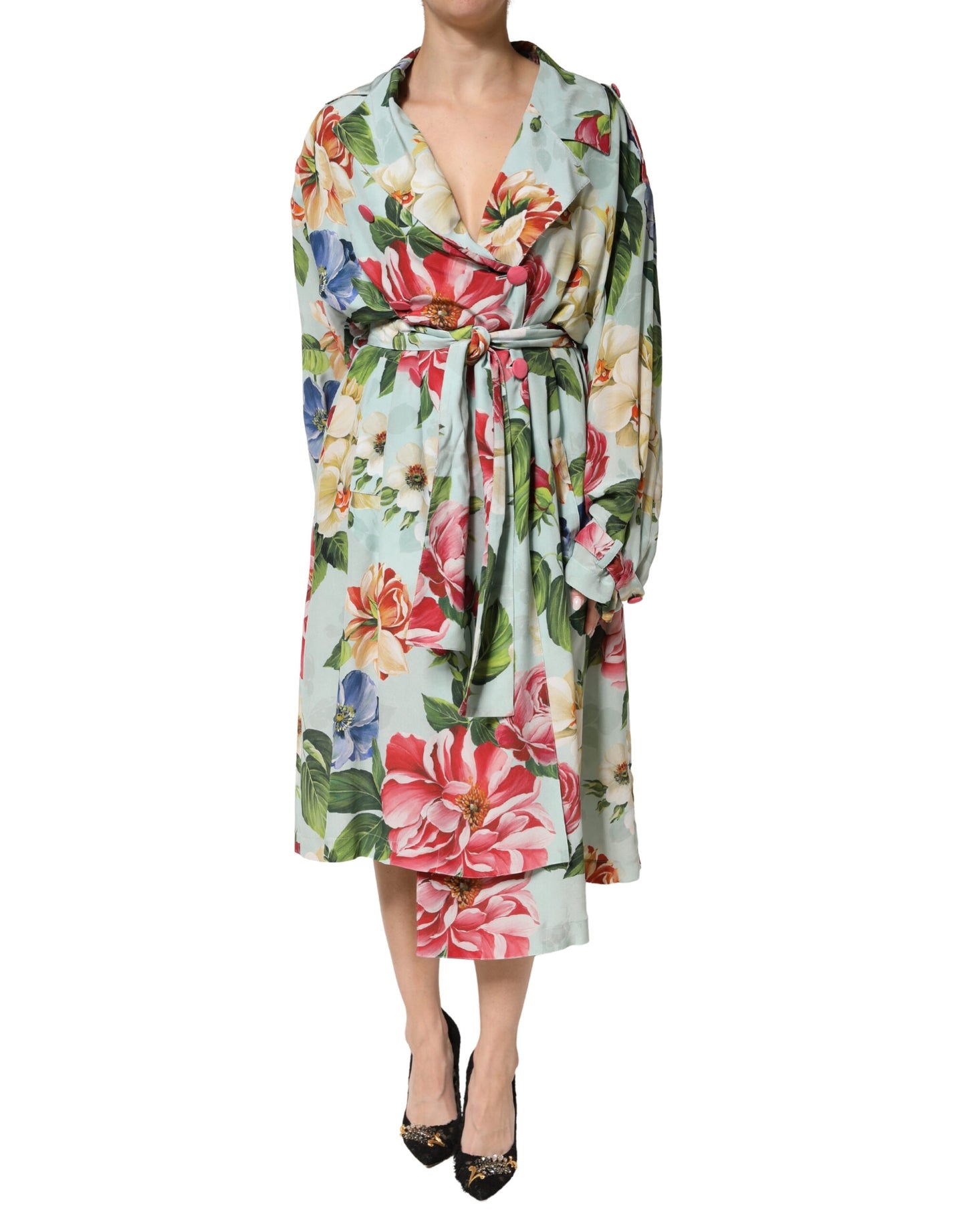 Dolce & Gabbana Green Floral Silk Wrap Midi Long Sleeve Dress