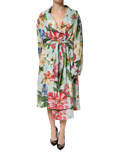Dolce & Gabbana Green Floral Silk Wrap Midi Long Sleeve Dress