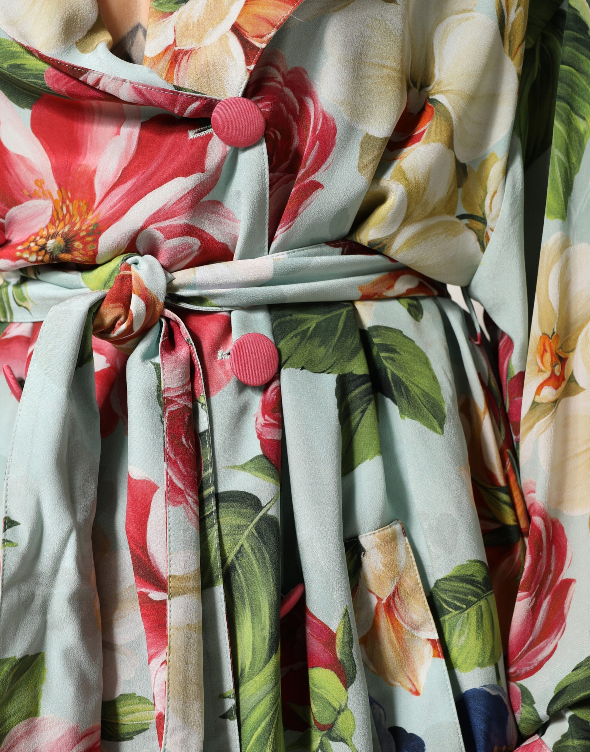 Dolce & Gabbana Green Floral Silk Wrap Midi Long Sleeve Dress