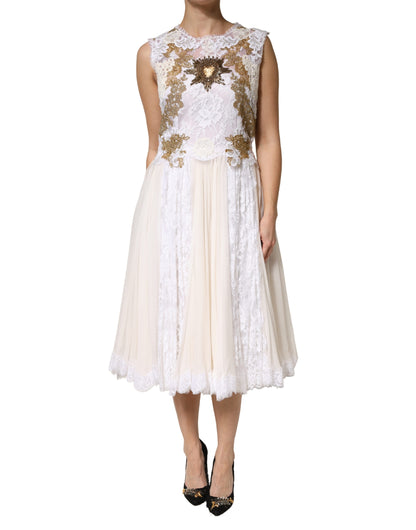 Dolce & Gabbana Ivory Lace Silk Embellished Sleeveless Dress