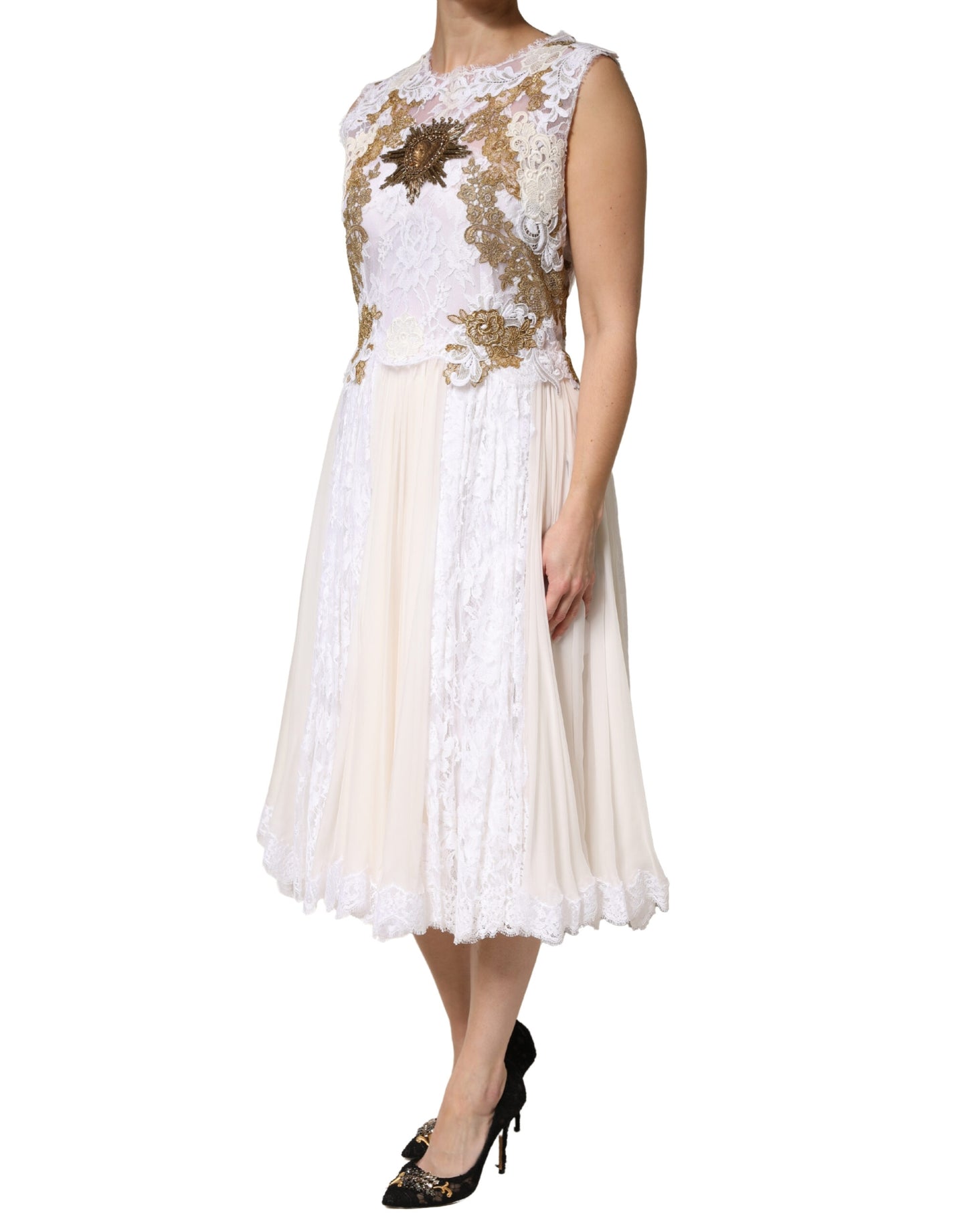 Dolce & Gabbana Ivory Lace Silk Embellished Sleeveless Dress