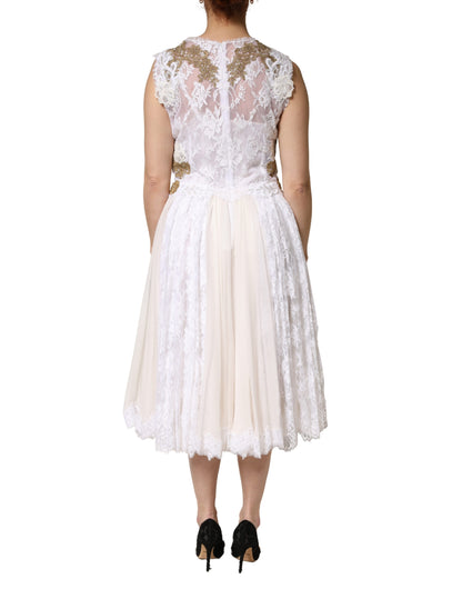 Dolce & Gabbana Ivory Lace Silk Embellished Sleeveless Dress