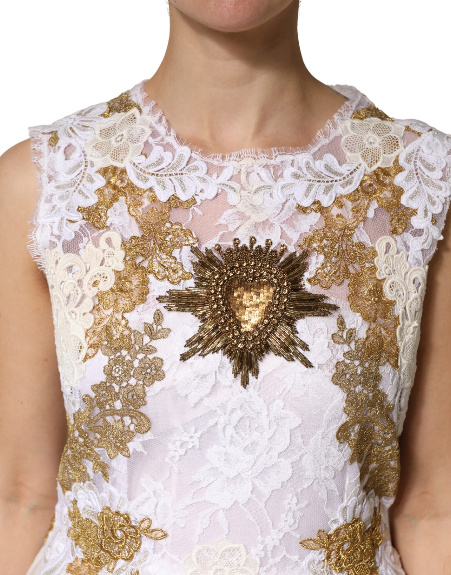 Dolce & Gabbana Ivory Lace Silk Embellished Sleeveless Dress