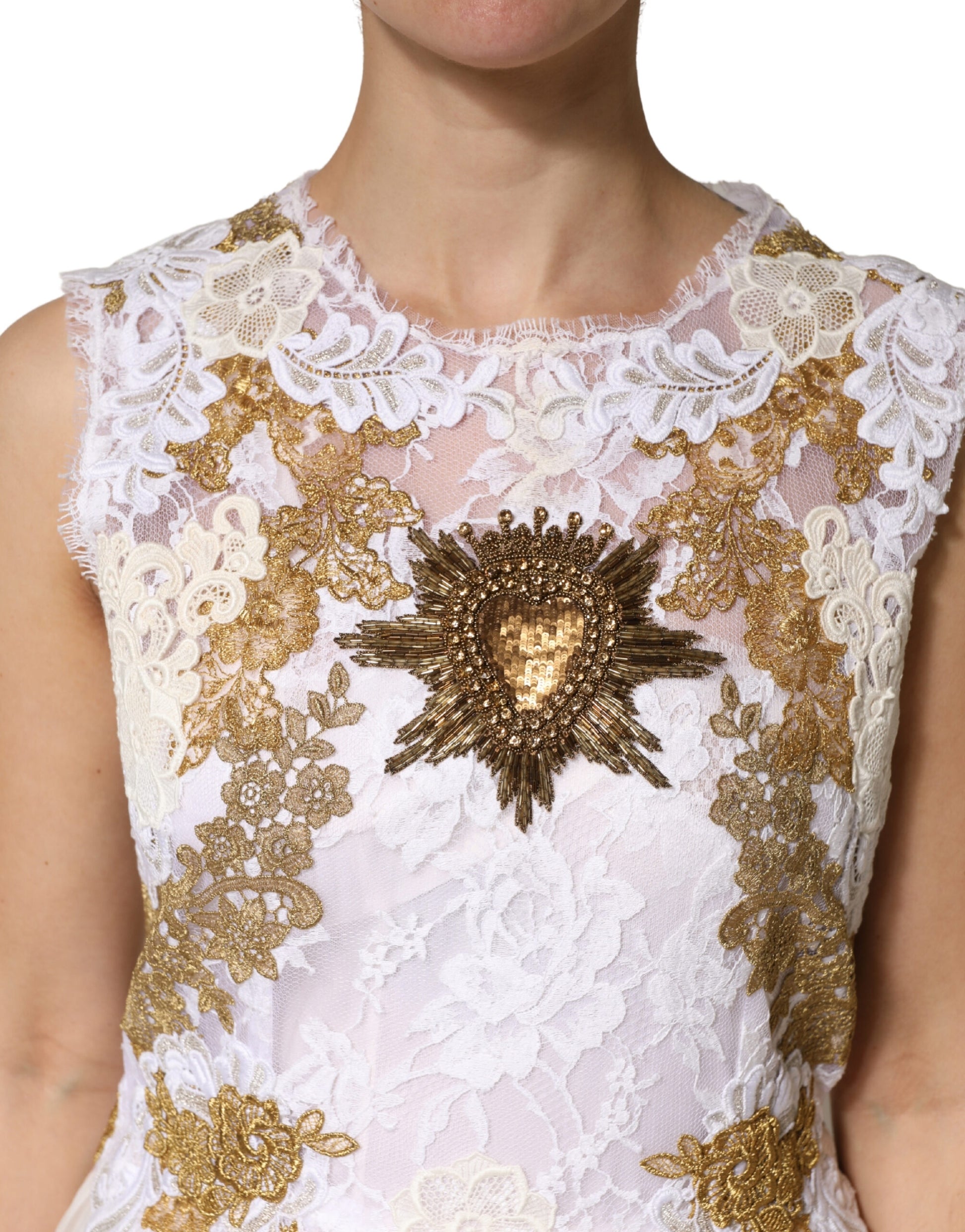 Dolce & Gabbana Ivory Lace Silk Embellished Sleeveless Dress