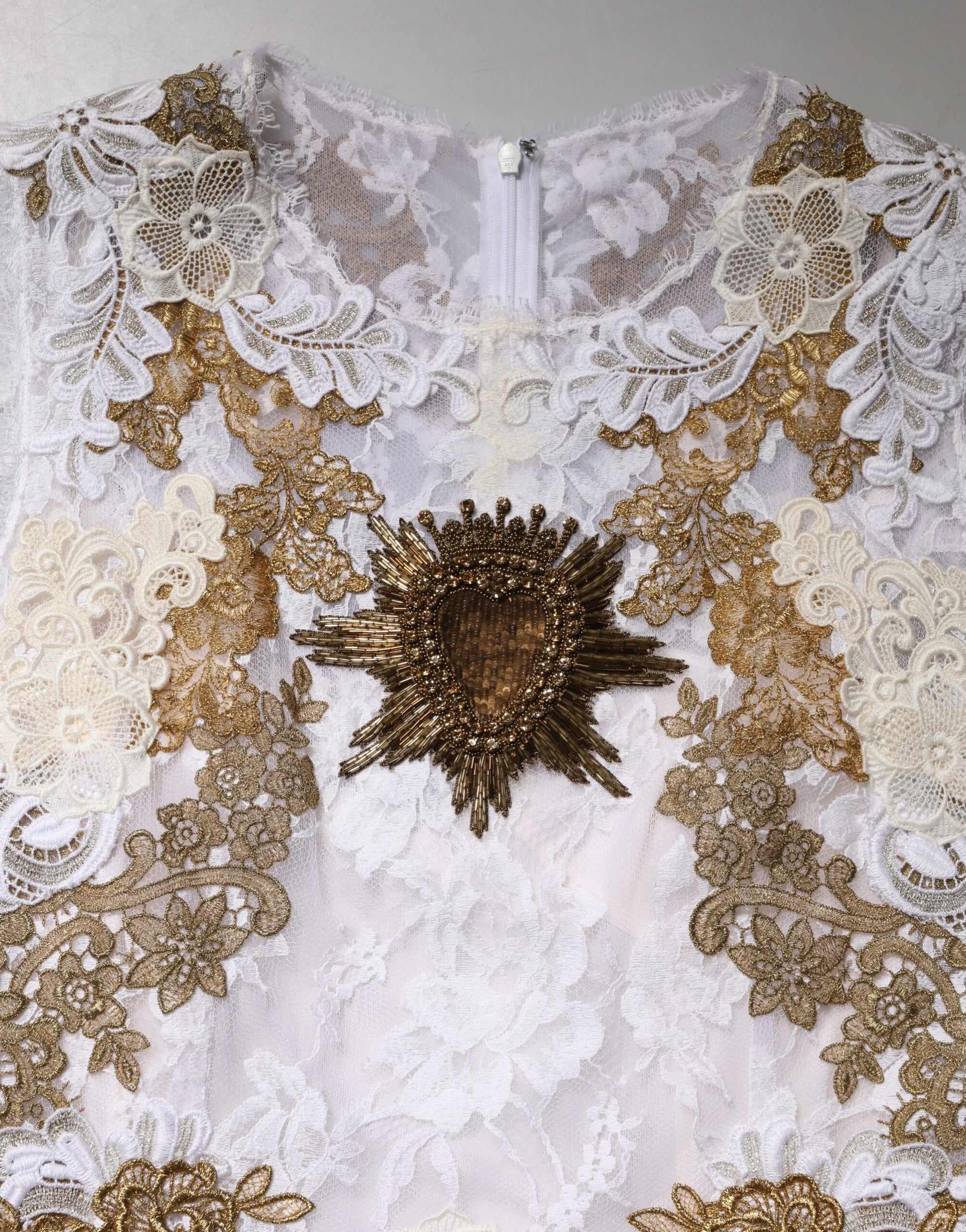 Dolce & Gabbana Ivory Lace Silk Embellished Sleeveless Dress