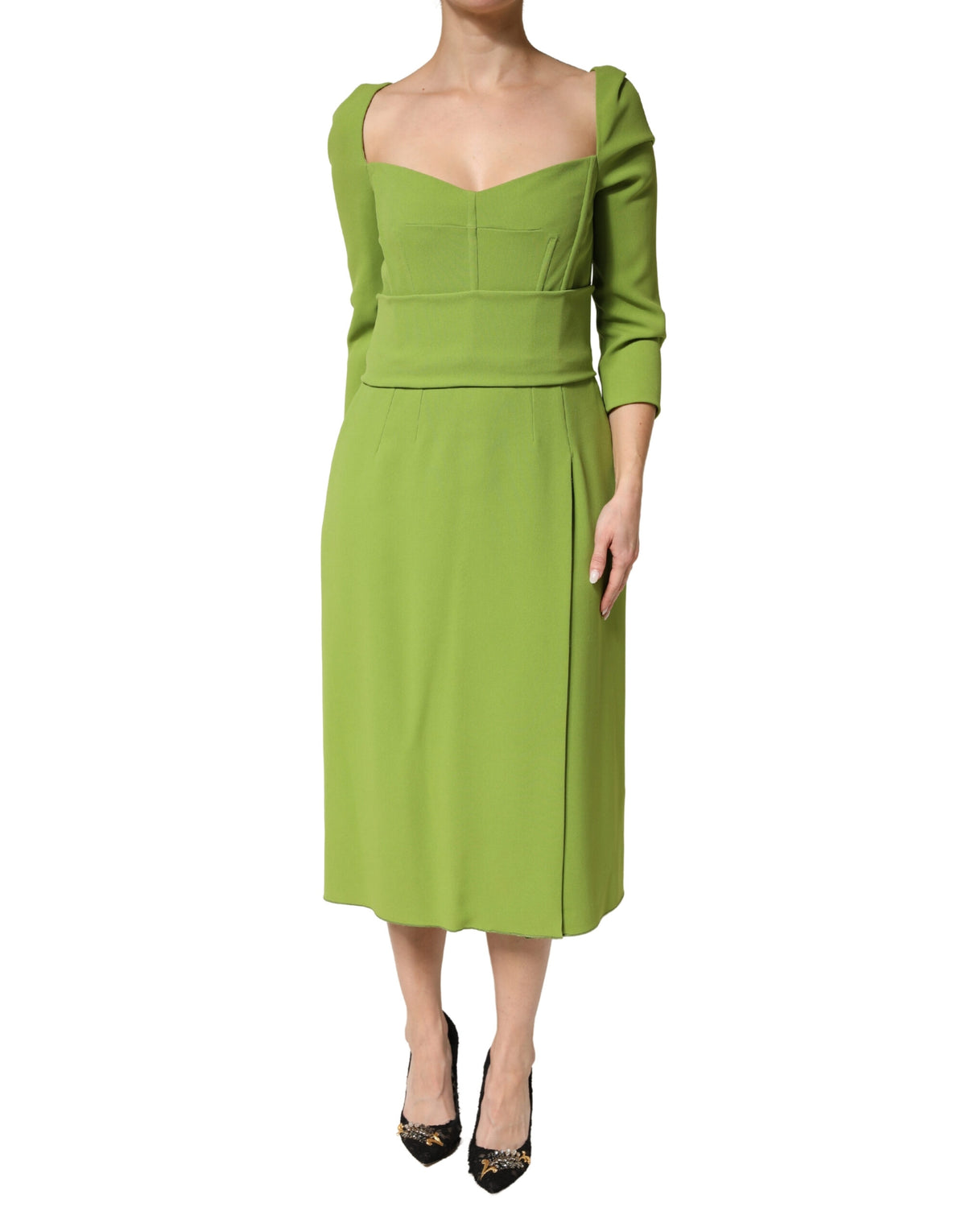 Dolce & Gabbana Green Silk Sweetheart Neckline Midi Dress