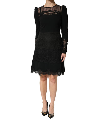 Dolce & Gabbana Black Lace Sheer Panel Midi Long Sleeve Dress