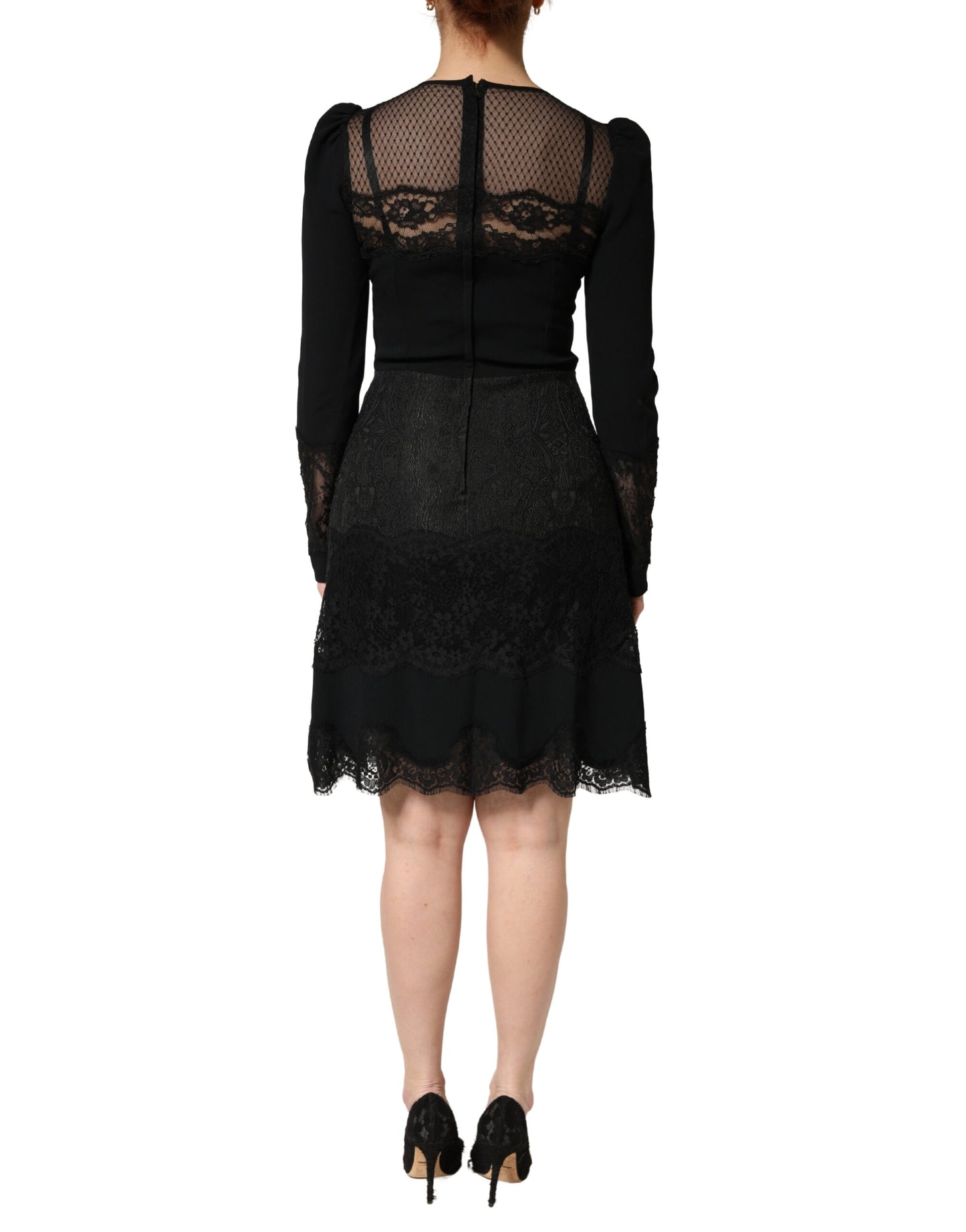 Dolce & Gabbana Black Lace Sheer Panel Midi Long Sleeve Dress
