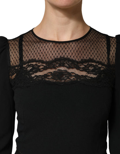 Dolce & Gabbana Black Lace Sheer Panel Midi Long Sleeve Dress