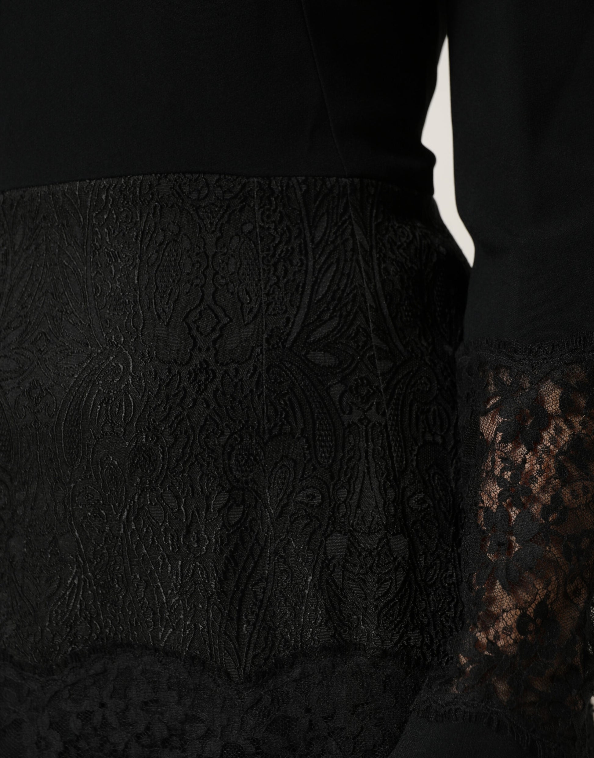 Dolce & Gabbana Black Lace Sheer Panel Midi Long Sleeve Dress