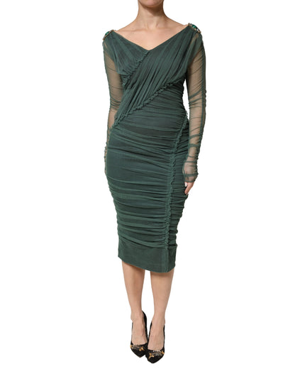 Dolce & Gabbana Green Ruched Mesh Sheer Sleeves Midi Dress