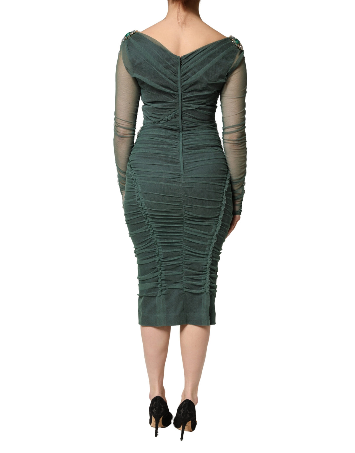 Dolce & Gabbana Green Ruched Mesh Sheer Sleeves Midi Dress