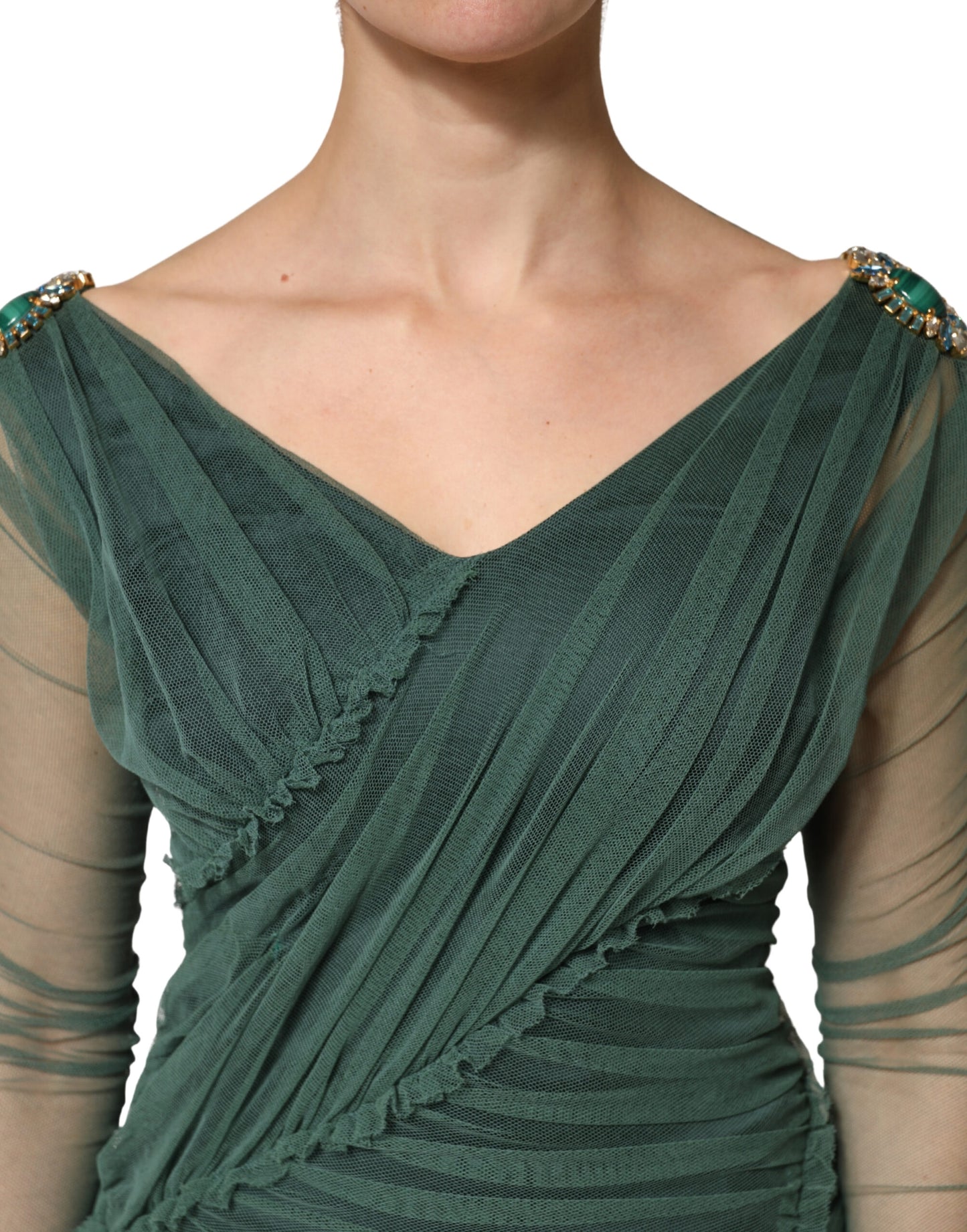 Dolce & Gabbana Green Ruched Mesh Sheer Sleeves Midi Dress