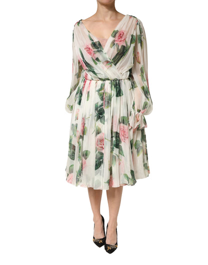 Dolce & Gabbana Floral Rose Ivory Silk Blend Longsleeve Dress